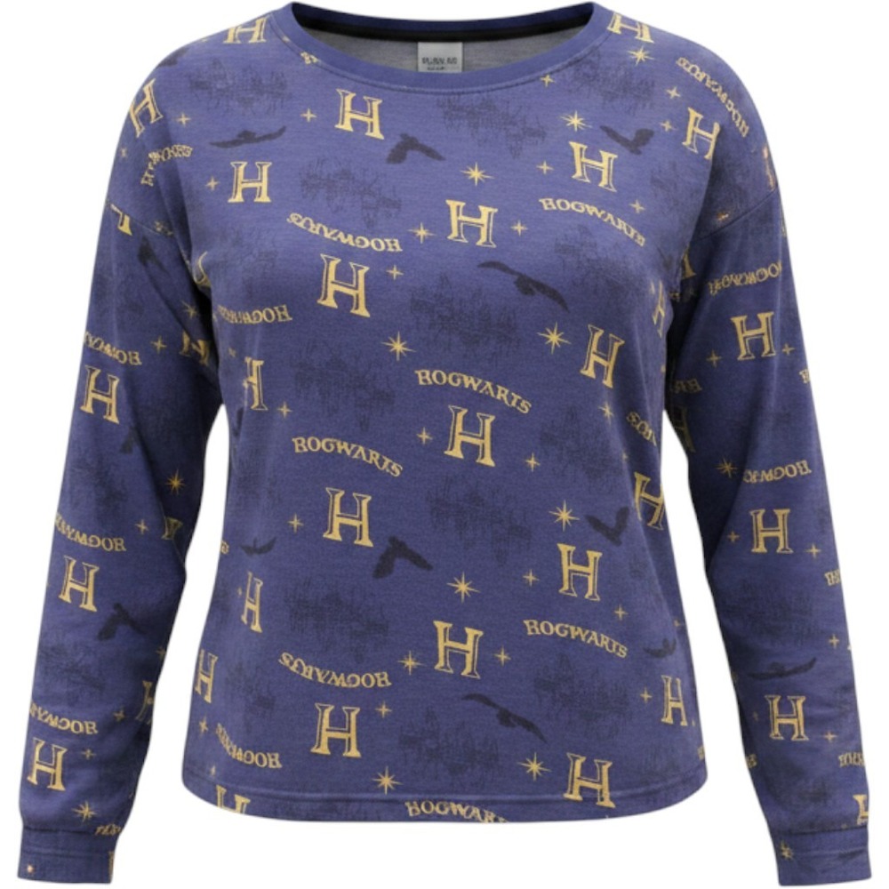 Harry Potter Hogwarts Long Sleeve Shirt Blue Gold All Over Print Small